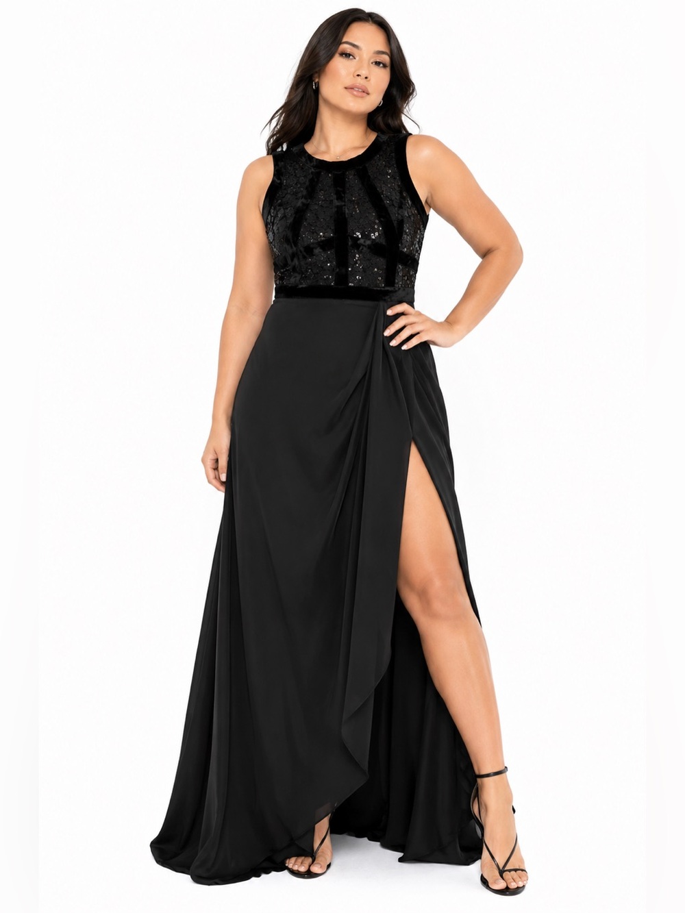 90s Vintage Nightway Lace/Sequin/Velvet Split Hem Evening Gown (Black) Size 8